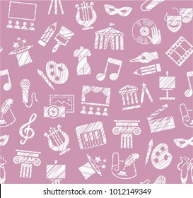 Leisure and cultural centres. Cultural events and the attributes of art. White icons on a purple field. Hatching a white pencil. Simulated texture. Vector picture. 