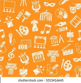 Leisure and cultural centres. Cultural events and the attributes of art. White icons on the orange box. Hatching a white pencil. Simulated texture. Vector picture. 