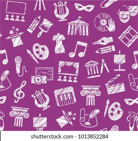 Leisure and cultural centres. Cultural events and the attributes of art. White icons on a purple field. Hatching a white pencil. Simulated texture. Vector picture. 