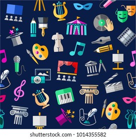 Leisure and cultural centres. Cultural events and the attributes of art. Colored icons on a dark blue field. Vector picture. 