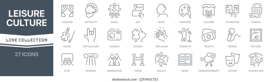 Leisure and culture linear signed icon collection. Signed thin line icons collection. Set of leisure and culture simple outline icons