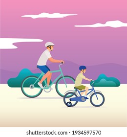 Leisure cycling outdoor. Father and son cyclist. Vector illustration.