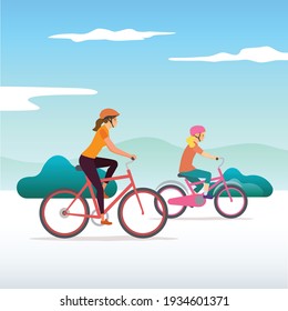 Leisure cycling outdoor. Woman and kid cyclist. Vector illustration.