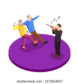 Leisure of elderly couple isometric composition with elder man and woman dancing under live music vector illustration