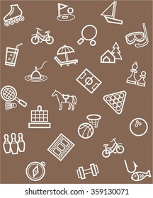 Leisure and entertainment, background, seamless, brown. Vector seamless brown background of linear icons to the theme of entertainment and recreation. 