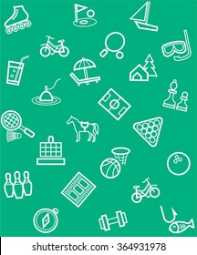 Leisure and entertainment, background, seamless, green. Vector, seamless, green background with white, linear icons on the theme of entertainment and recreation. 