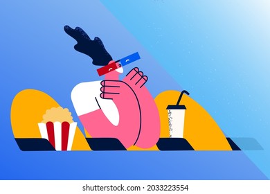 Leisure, entertainment and cinema concept. Young female in glasses sitting with drink and popcorn and watching cinema in movie theatre alone vector illustration 
