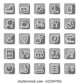 Leisure and entertainment icons, flat, vector. The white contour drawings on gray background with shadow. Vector clip art. 