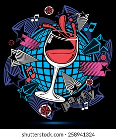 Leisure fantasy backdrop with musical notes and salute - lounge theme poster. Glass goblet with wine placed over earth symbol.
