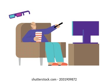 Leisure flat compsition with elderly man watching tv popcorn 3d glasses vector illustration