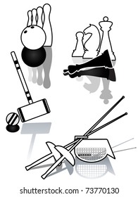 Leisure games icons black-white set with bowling, chess, qrocuet and fencing.