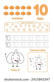 Leisure games for preschool kids on one page. Dot to dot, trace, color and learn number ten