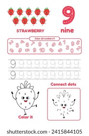 Leisure games for preschool kids on one page. Dot to dot, trace, color and learn number nine