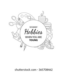 Leisure and Hobbies Vector Design with Copy Space for Custom Text. Family center label line art on white background.