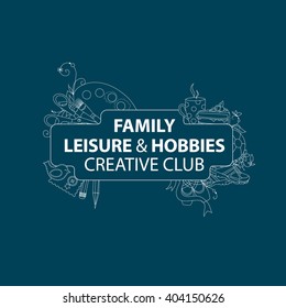 Leisure and Hobbies Vector Design with Copy Space for Custom Text. Family center label line art white on dark blue background.