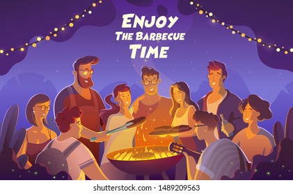 Leisure, Holidays, Eating, People And Food Concept - Happy Friends Having Meat For Dinner At Summer Garden Party At Night. Vector Illustration. #2