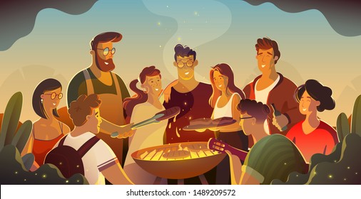 Leisure, Holidays, Eating, People And Food Concept - Happy Friends Having Meat For Dinner At Summer Garden Party At Night. Vector Illustration. #3