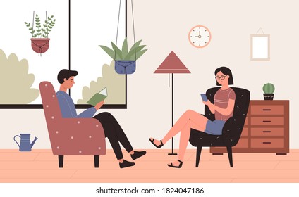 Leisure home activity flat vector illustration. Cartoon happy young couple characters sitting in armchairs in home living room interior, reading books or networking, active using smartphone background