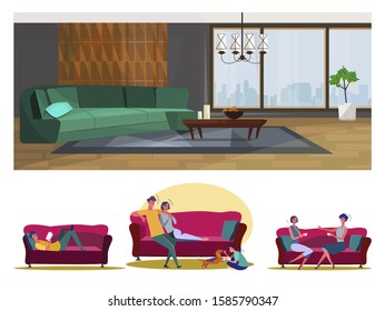 Leisure at home flat vector illustration set. Single man, family, female friends spending time on couch in living room. Relaxation, weekend concept