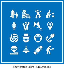 leisure icon. 16 leisure vector set. skateboard, family, couple with baby silhouettes of a family group and helmet icons for web and design about leisure theme