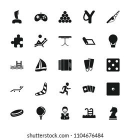 Leisure icon. collection of 25 leisure filled icons such as boomerang, dice, casino boy, slingshot, fishing rod, hockey puck. editable leisure icons for web and mobile.