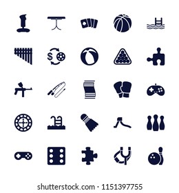 Leisure icon. collection of 25 leisure filled icons such as puzzle, casino chip and money, dice, billiards, joystick, paintball. editable leisure icons for web and mobile.