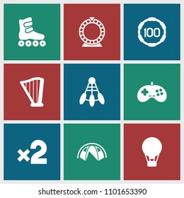 Leisure icon. collection of 9 leisure filled icons such as air balloon, harp, shuttlecock, 100 casino chip, casino bet, roulette. editable leisure icons for web and mobile.