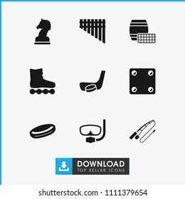 Leisure icon. collection of 9 leisure filled icons such as hockey puck, harmonica, hockey stick and puck, horse chess, roller skate. editable leisure icons for web and mobile.