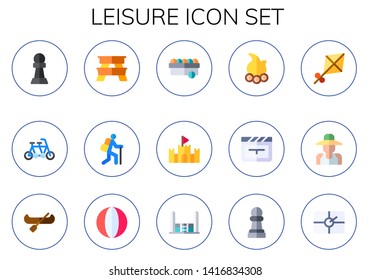 leisure icon set. 15 flat leisure icons.  Collection Of - pawn, tandem, picnic table, hiker, ball, sand castle, campfire, cinema, kite, gardener, canoe, beach ball, trampoline