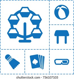 Leisure icon. set of 6 leisure filled icons such as table, playing card, shuttlecock, beach ball, carousel