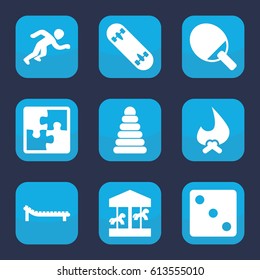 Leisure icon. set of 9 filled leisure icons such as pyramid, Dice, skate board, running, puzzle, sunbed, carousel, bonfire