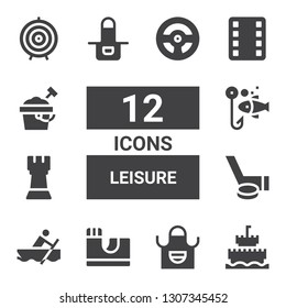 leisure icon set. Collection of 12 filled leisure icons included Sand castle, Apron, Skate park, Rowing, Hockey, Rook, Fishing, Film, Sand bucket, Dart board, Racing game