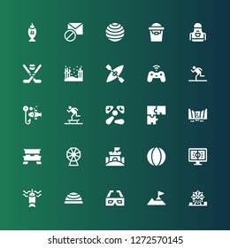 leisure icon set. Collection of 25 filled leisure icons included Amusement park, Climbing, 3d glasses, Bosu ball, Fishing, Football, Ball, Sand castle, Ferris wheel, Picnic table