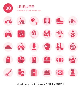 leisure icon set. Collection of 30 filled leisure icons included Bike, Climbing, Gardening, Slide, Gamepad, Puzzle, Ball, Waterfall, Hot air balloon, Bosu ball, Gamepads, Pawn