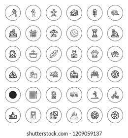 Leisure icon set. collection of 36 outline leisure icons with aqualung, bait, beach ball, bmx, camping, biking, casino, caravan, console, dices, forest icons. editable icons.