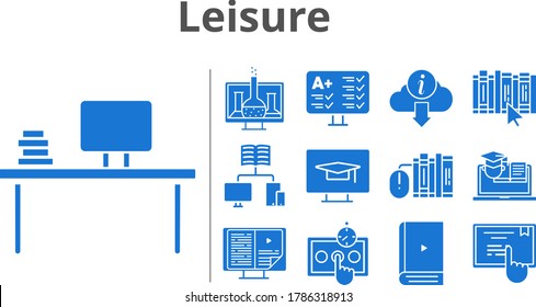 leisure icon set. included chemistry, ebook, desktop, books, test, school, book, touchscreen, information, training icons. filled styles.