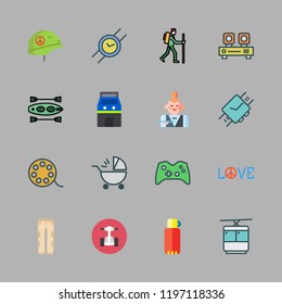 leisure icon set. vector set about cable car cabin, arcade, helmet and game controller icons set.