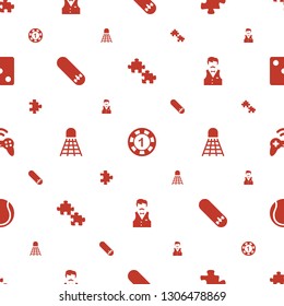 leisure icons pattern seamless white background. Included editable filled puzzle, casino chip, skate board, shuttlecock, Casino boy, joystick icons. leisure icons for web and mobile.