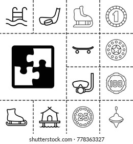 Leisure icons. set of 13 editable outline leisure icons such as puzzle, underwater mask, ice skating, swimming pool, skateboard, hockey stick and puck, tent, whirligig