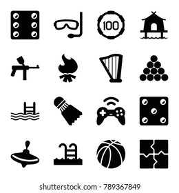 Leisure icons. set of 16 editable filled leisure icons such as whirligig, puzzle, paintball, pool, basketball, harp, swimming pool, shuttlecock, tent, aqualung, joystick