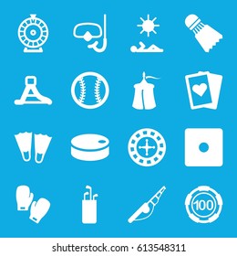 Leisure icons set. set of 16 leisure filled icons such as Roulette, 100 casino chip, Dice, waterslide, hockey puck, snorkel, boxing gloves, baseball, Shuttlecock