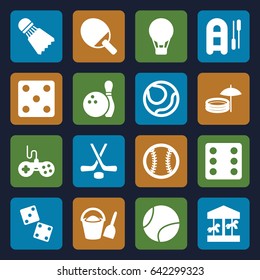 Leisure icons set. set of 16 leisure filled icons such as joystick, dice, hockey, bowling, baseball, shuttlecock, tennis ball, inflatable pool and umbrella, bucket and shovel