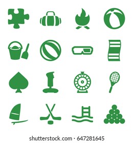 Leisure icons set. set of 16 leisure filled icons such as spades, roulette, puzzle, tennis rocket, hockey, sport bag, windsurfing, beach ball, bonfire, bucket and shovel
