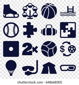 Leisure icons set. set of 16 leisure filled icons such as tent, puzzle, casino chip and money, dice, casino bet, pool, basketball, sport bag, baseball, beach ball, air balloon