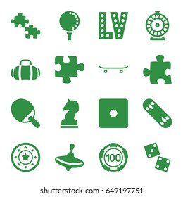 Leisure icons set. set of 16 leisure filled icons such as whirligig, 100 casino chip, casino chip, dice, roulette, vegas, puzzle, skateboard, golf ball, sport bag, skate board