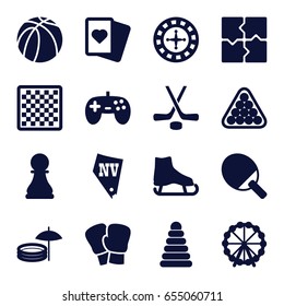 Leisure icons set. set of 16 leisure filled icons such as ferris wheel, pyramid, roulette, billiards, spades, vegas, puzzle, basketball, hockey, chess pawn