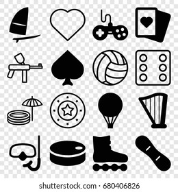 Leisure icons set. set of 16 leisure filled and outline icons such as joystick, spades, harp, hockey puck, snow board, snorkel, windsurfing, air balloon, hearts, casino chip