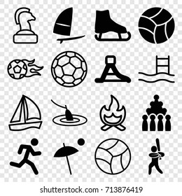 Leisure icons set. set of 16 leisure filled and outline icons such as waterslide, baseball player, windsurfing, umbrella, beach ball, fishing, bonfire, football ball, fotball