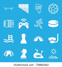 Leisure icons set. set of 16 leisure filled and outline icons such as harmonica, skateboard, exercise bike, hockey puck, chess pawn, horse chess, tent, joystick, vegas