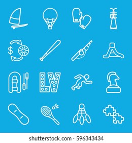 leisure icons set. Set of 16 leisure outline icons such as Casino chip and money, Vegas, waterslide, air balloon, badminton, snow board, windsurfing, running, boxing gloves